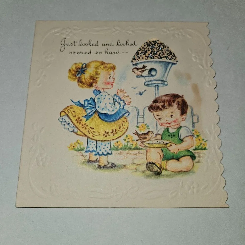 VTG Get Well Greeting Card Boy Girl Gay Birds Whistling Tune Scalloped Edge 4x4